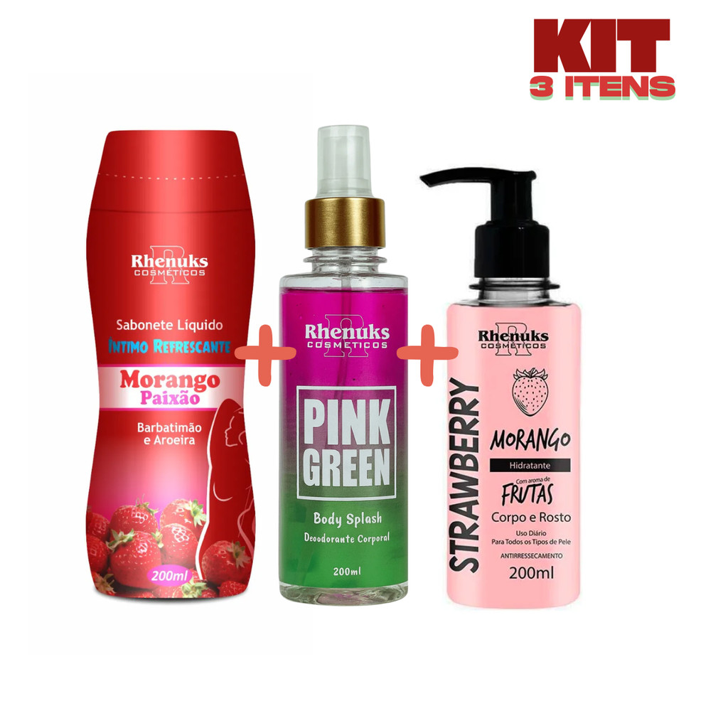 Kit sabonete intimo + hidratante morango + Body Splash Pink green