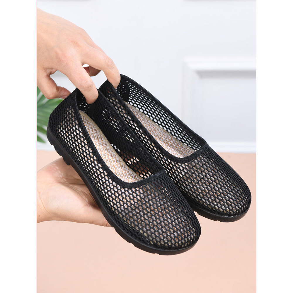 Velho pequim verão novo estilo malha oca respirável sapatos planos de meia-idade mulheres idosas sola macia confortável