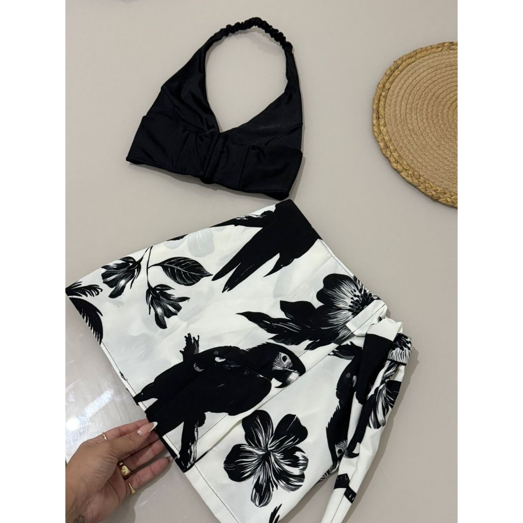 Short Saia Envelope em Crepinho Estampa Fa short saia feminino estampado tropical azul  curto soltinho levinho verão