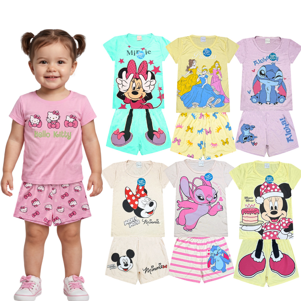 Conjunto Pijama Brilha no Escuro Personagens Menina Infantil Minnie Stitch Malha Levinha