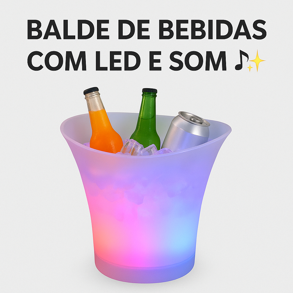 Balde para Gelo e Bebidas com Luz LED Colorida e Som Bluetooth – Festa e Eventos – Branco