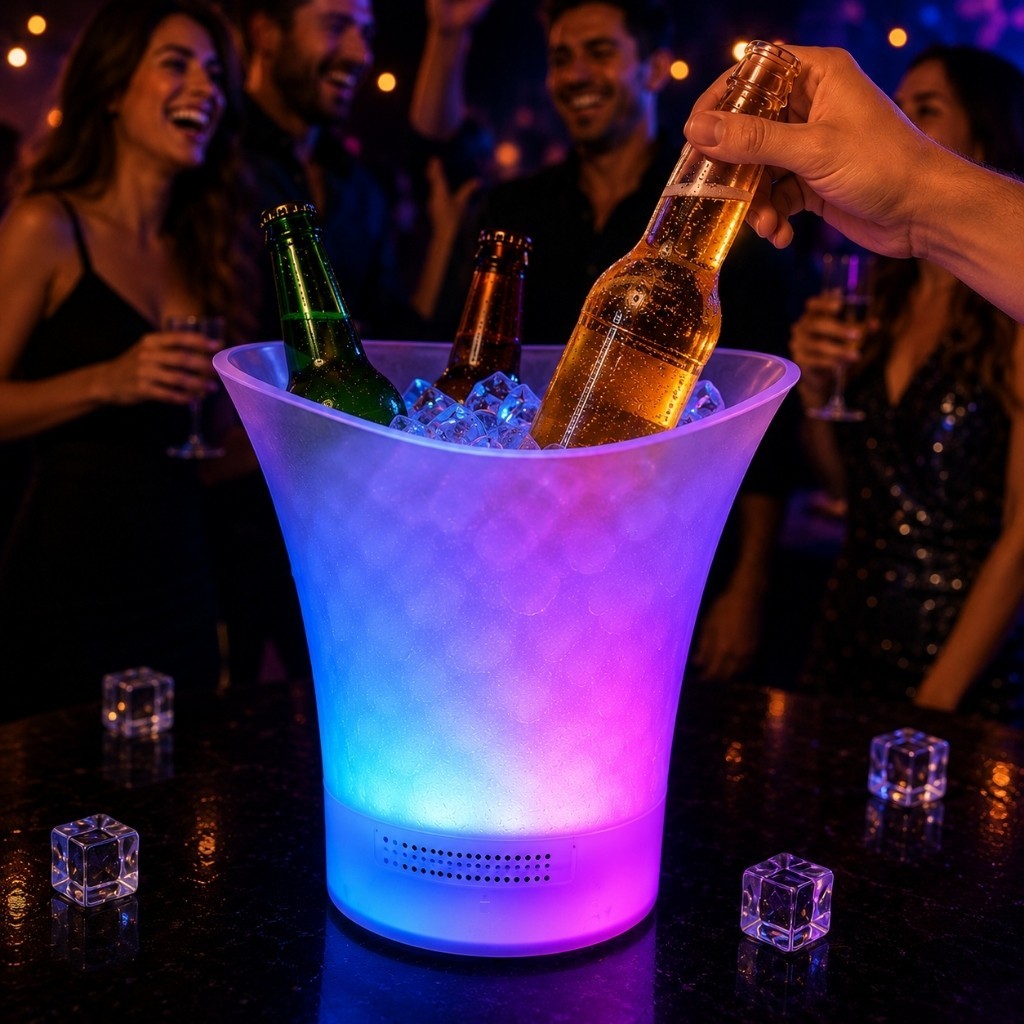 Balde Cooler LED Caixa De Som Bluetooth Portátil Bebidas Festa Gelo Música Iluminação Recarregável