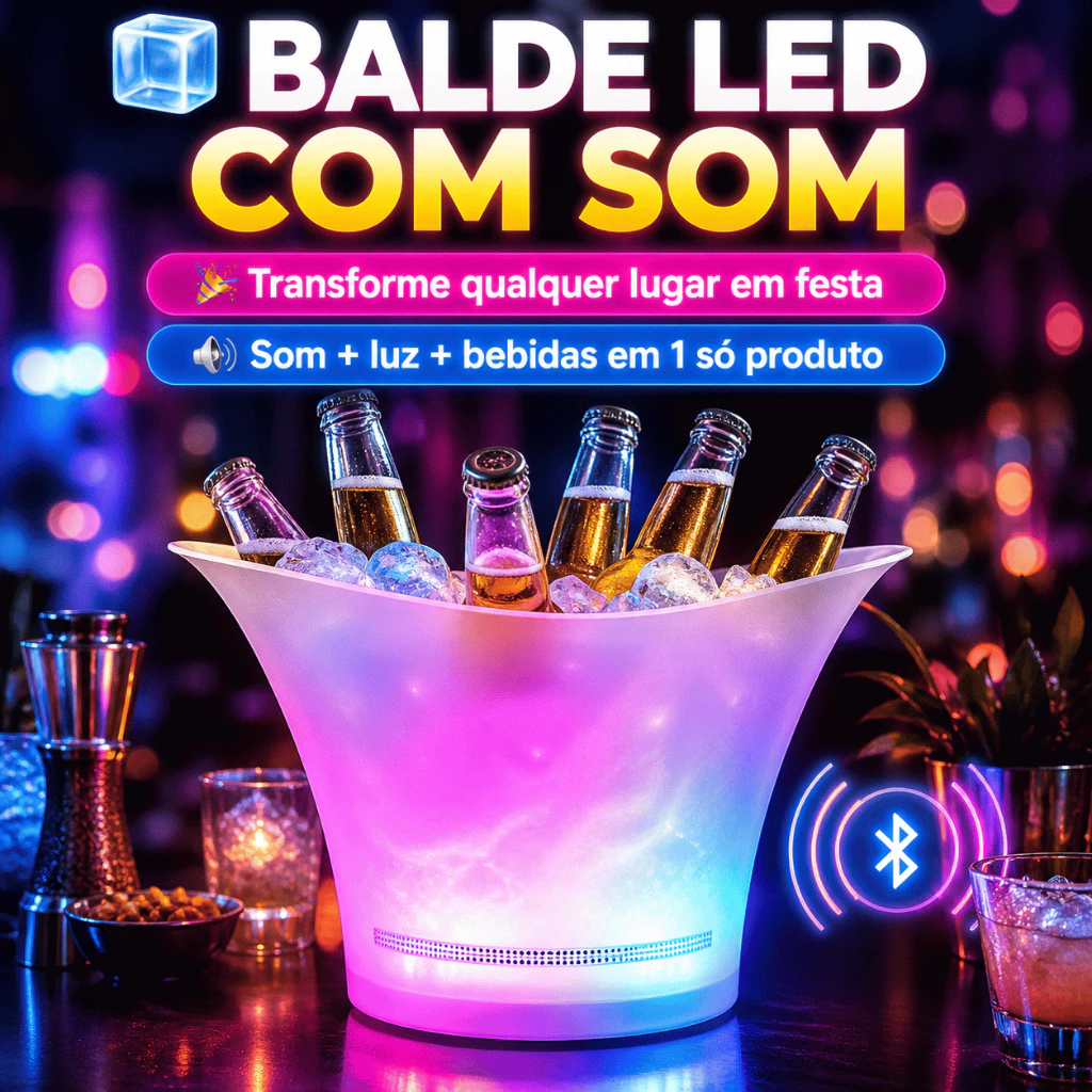 Balde Bebidas LED RGB Caixa Som Bluetooth Festa Cerveja Luminoso Copa 2026