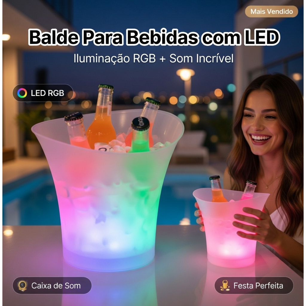 Balde Bebidas LED Caixa Som Bluetooth Cooler Gelo Iluminado Bar Festa Champanheira Branca