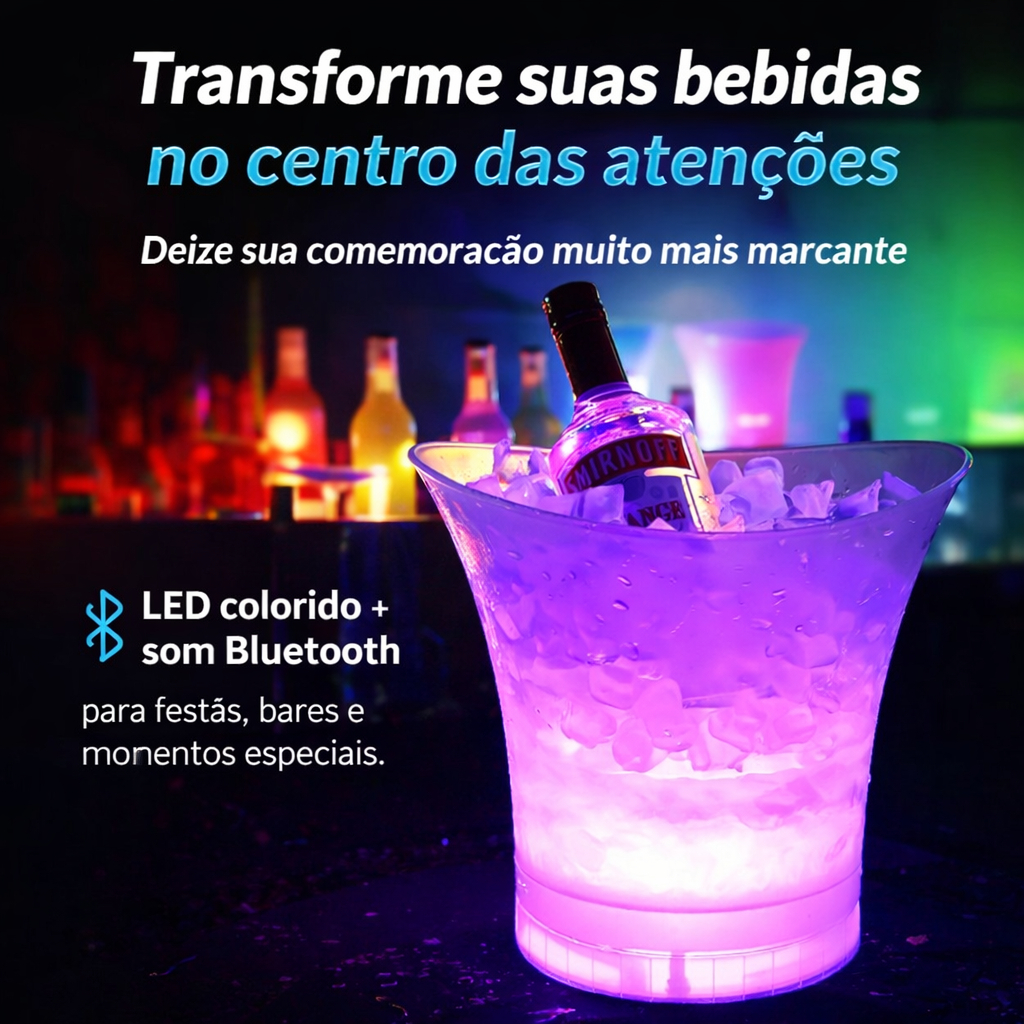 Balde de Bebidas com LED Caixa de Som Bluetooth Portátil Festa 6,5L Branco Festas Comemorações