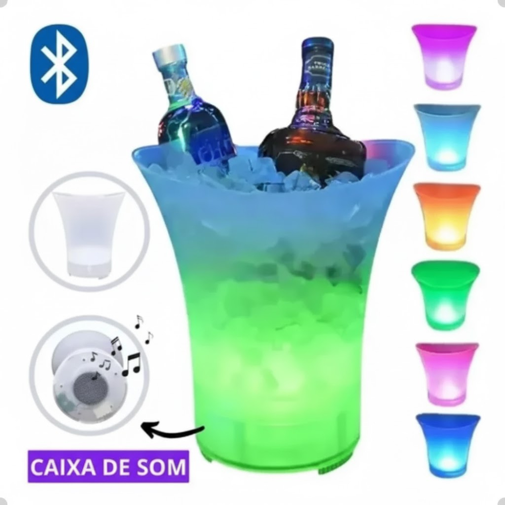Cooler para Bebidas Balde para Gelo Com Luz LED Colorida Festas Bares Piscina com Bluetooth