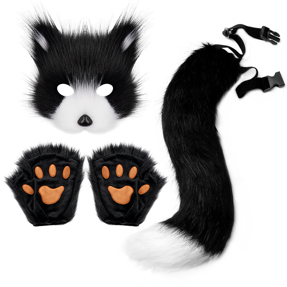 Therian Máscara Tail Glove Set Halloween Cosplay Coats Acessório máscara Fox Cauda Metade do Rosto Faux Furs Raposas Cau