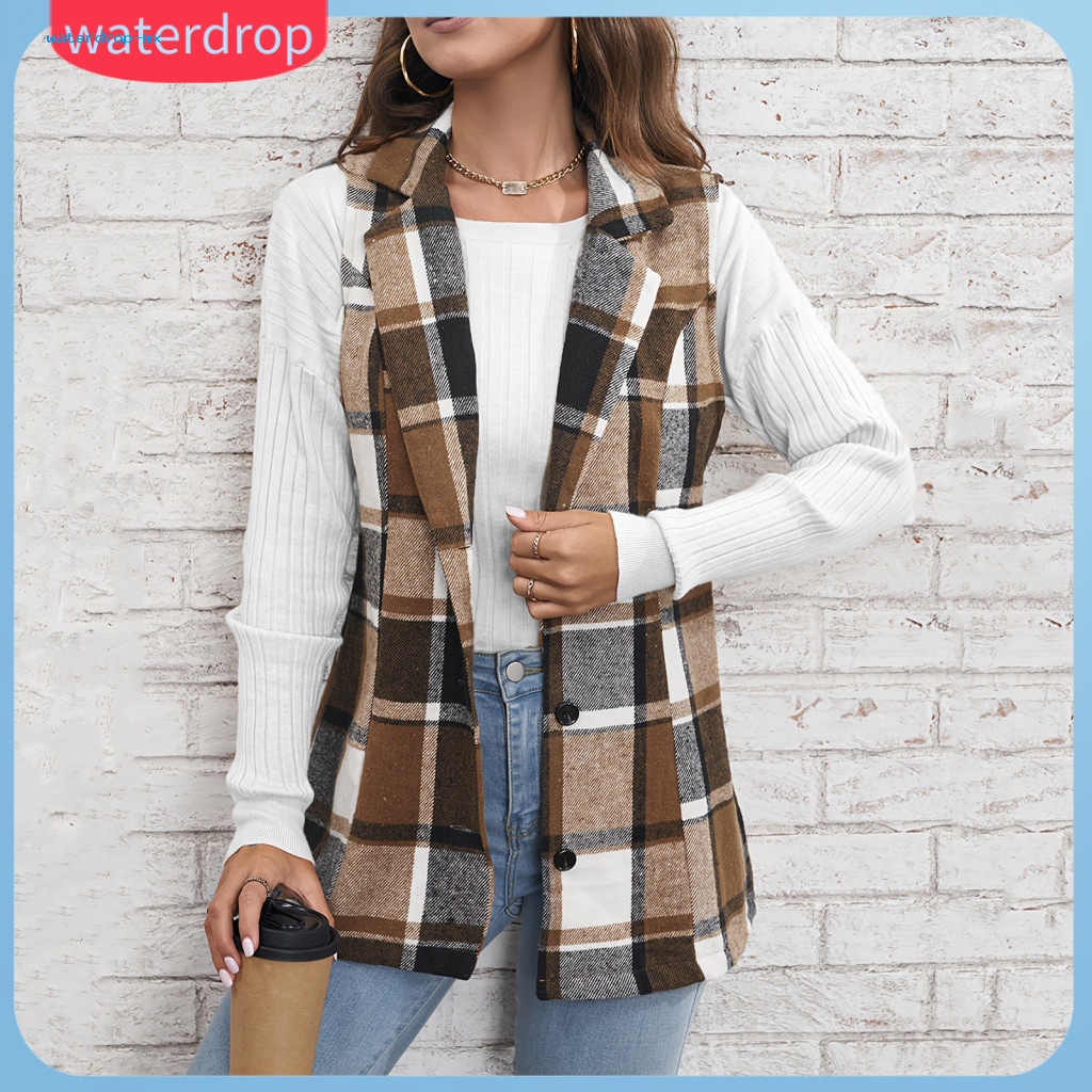 Women’s Plaid Vest Coat Sleeveless Button-down Mid-length Waistcoat Turn-down Collar Warm Retro Jacket for Daily Wear