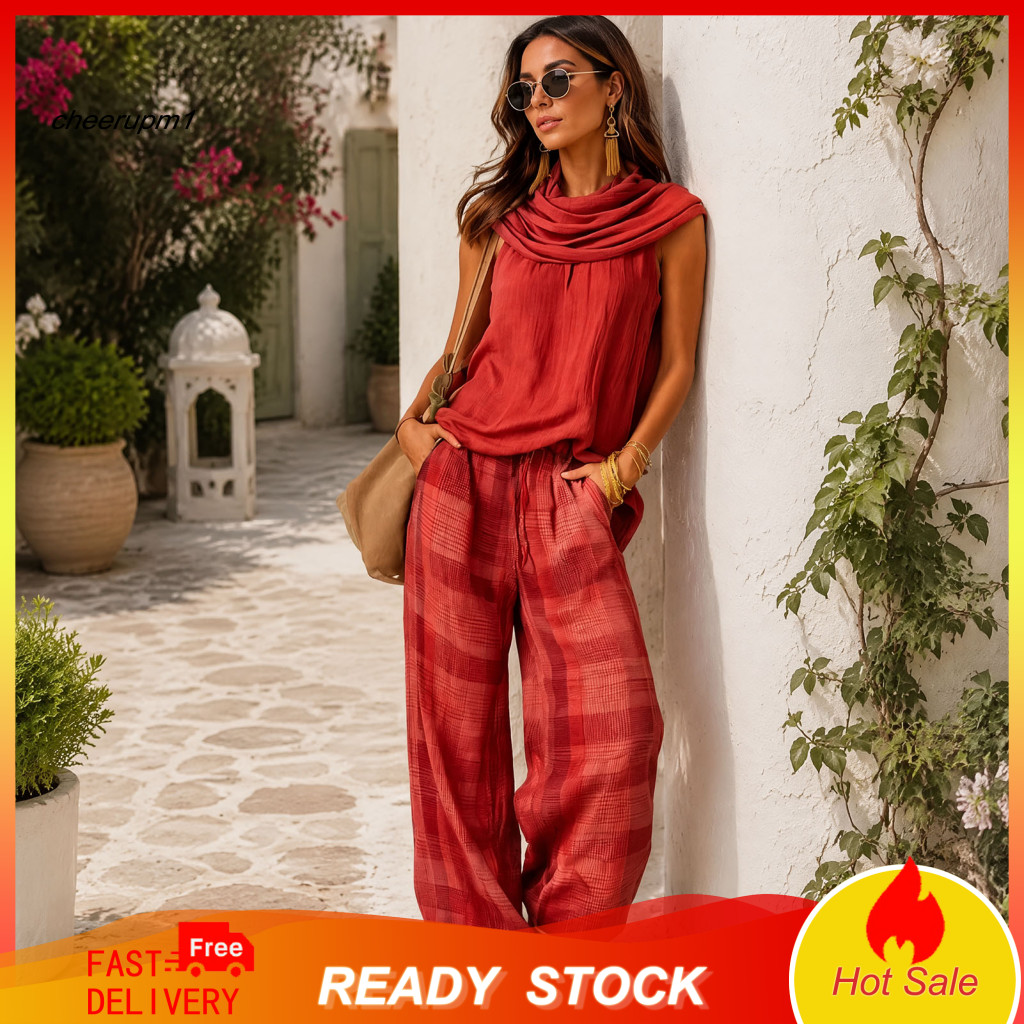 Draped Mock Neck Top Women Retro Plaid Pants Women’s Summer 2-piece Set – Ruffle Wide Leg Vintage Loose Outfit Light