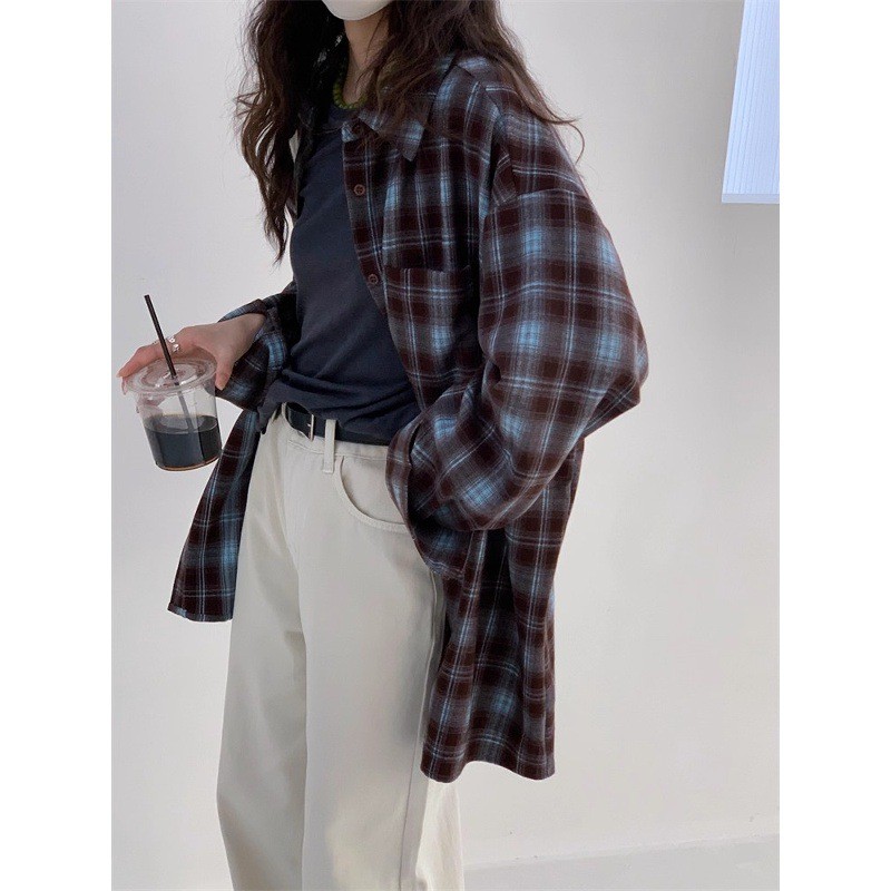 Retro blue and brown brushed plaid shirt for women, casual and slimming, versatile long-sleeve shirt jacket