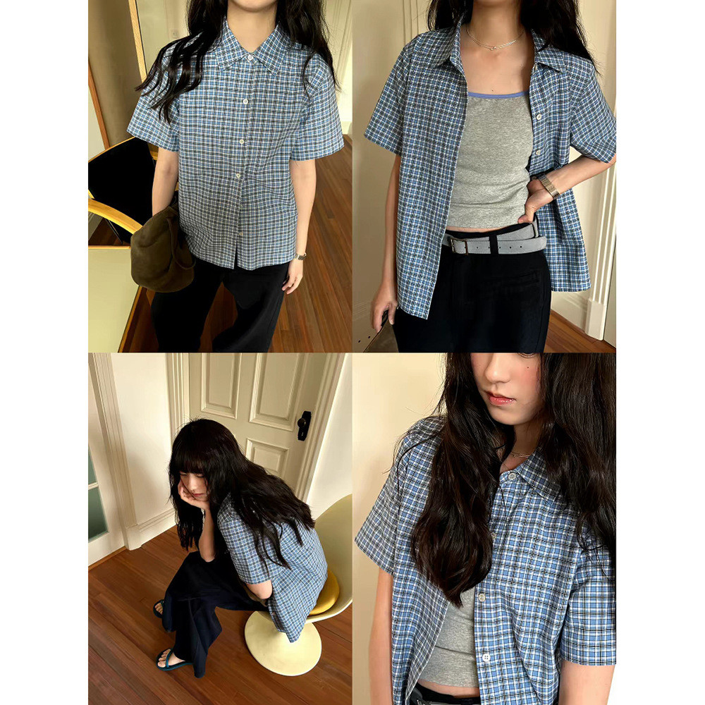 Gray-blue plaid retro loose-fitting short-sleeve shirt for women, summer high-end stylish and youthful shirt