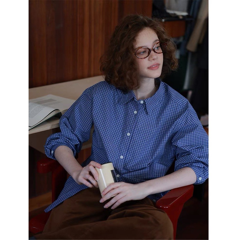 Classic retro two-tone blue plaid simple early autumn long-sleeve shirt