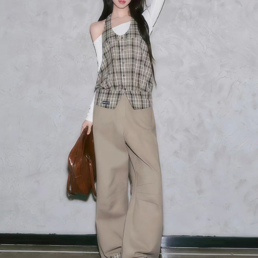 Retro plaid halter neck top with one-shoulder embroidery, slim-fit base shirt, vest, and wide-leg pants