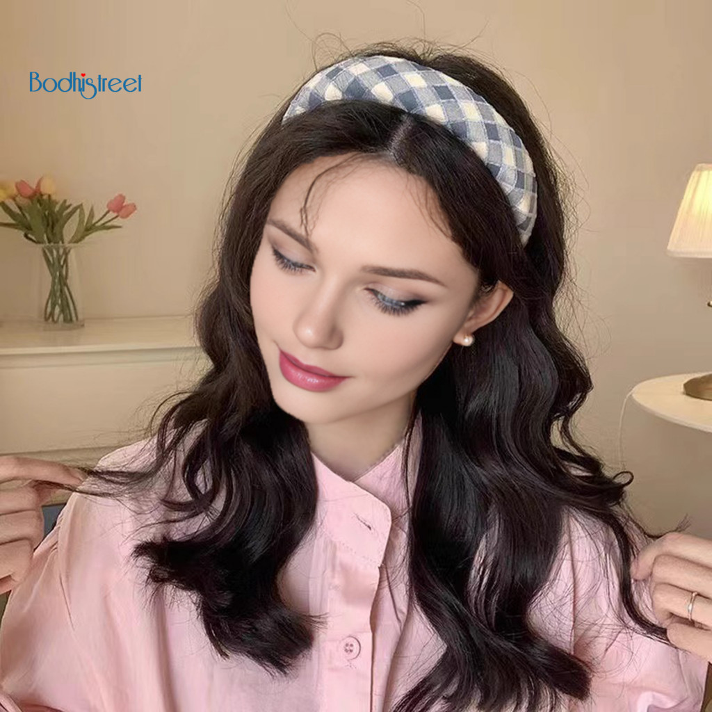 Korean Style Headband Soft Fabric Women’s Retro Plaid Thick Sponge Filled Hair Hoop Fluffy Accessory for Stylish for E