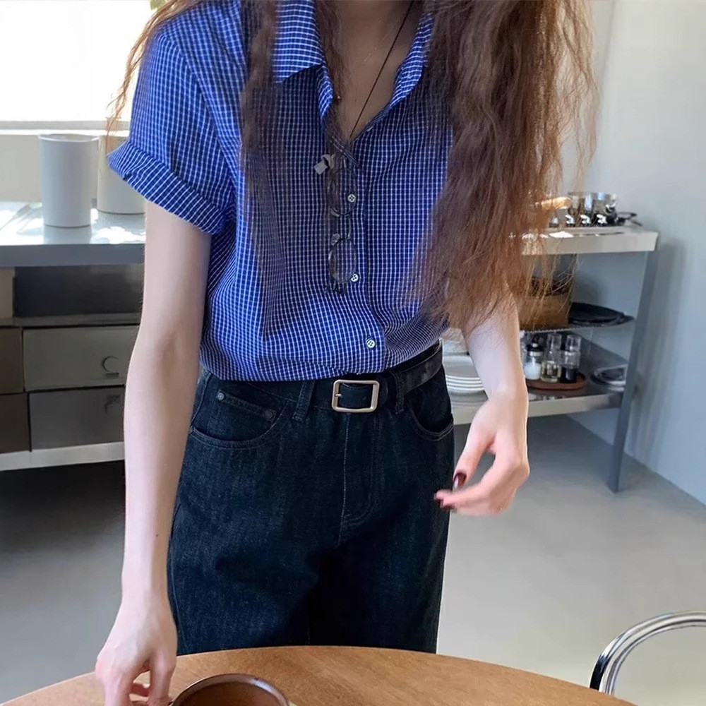 Retro Blue Plaid Shirt for Women in Summer2025New casual simple versatile collared single-breasted short-sleeve top