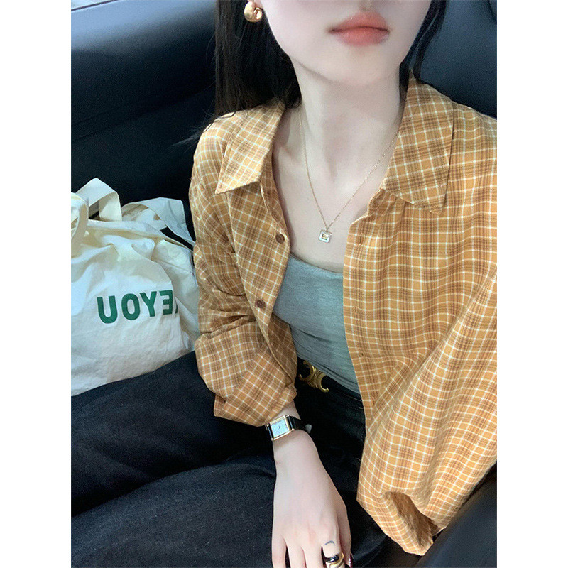 Retro yellow plaid shirt jacket for women, loose-fitting spring and autumn outerwear, cardigan for petite women, long-sl