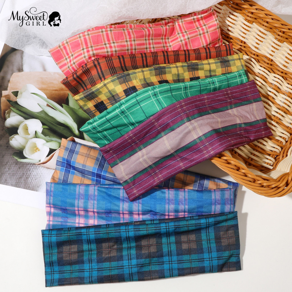 Stretchy Knitted Fabric Headband Soft American Retro Style Plaid Wide Hair Band for Women Fitness Travel Accessory Trend