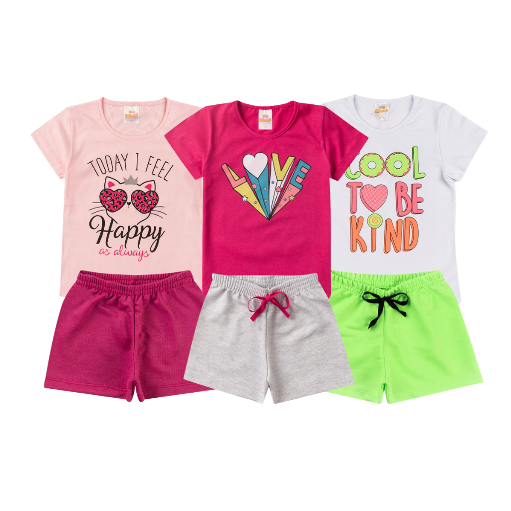 Kit 3 conjunto com 6 peças com estampas e cores sortidas Tam 1 ao 14 anos.