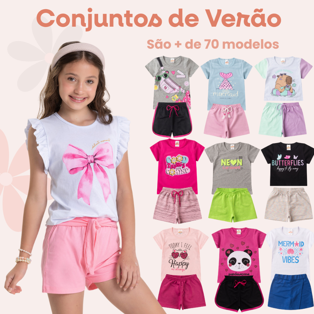 Kit Conjunto Infantil Verão Menina Com 4 Conjuntos Sortidos Tam 1 ao 14 anos.