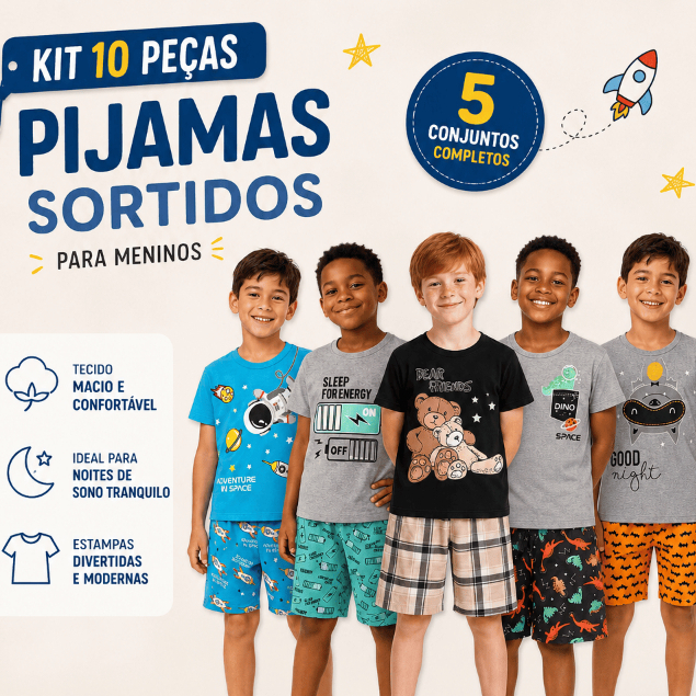 Kit Pijama Conjunto Infantil Sortido Masculino Menino 4 6 8 a 10 Peças  Verão Algodão Tam 1 ao 14