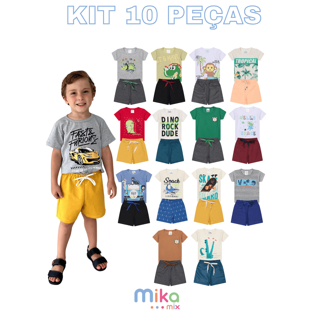 Kit Infantil Verão Menino 10 Peças - 5 Camisetas + 5 Bermudas Sortidas (Tamanhos 1 a 8 Anos)
