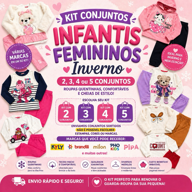 KIT 2 3 4 e 5 CONJUNTOS INVERNO QUENTINHO SORTIDO KYLY BRANDILI MILON PIPA PHO KIDS DECONTO MENINA