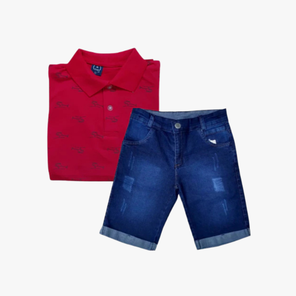 Kit Conjunto Camiseta Gola Polo Bermuda Short Jeans Infantil Menino Cores Estampa Sortidas 10 ao 16