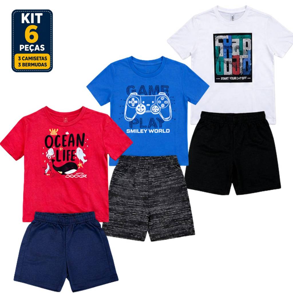 Kit Conjunto Sortido 06 Peças Algodão Infantil Juvenil  Tamanho 4 ao 12 Menino Bermuda Camiseta