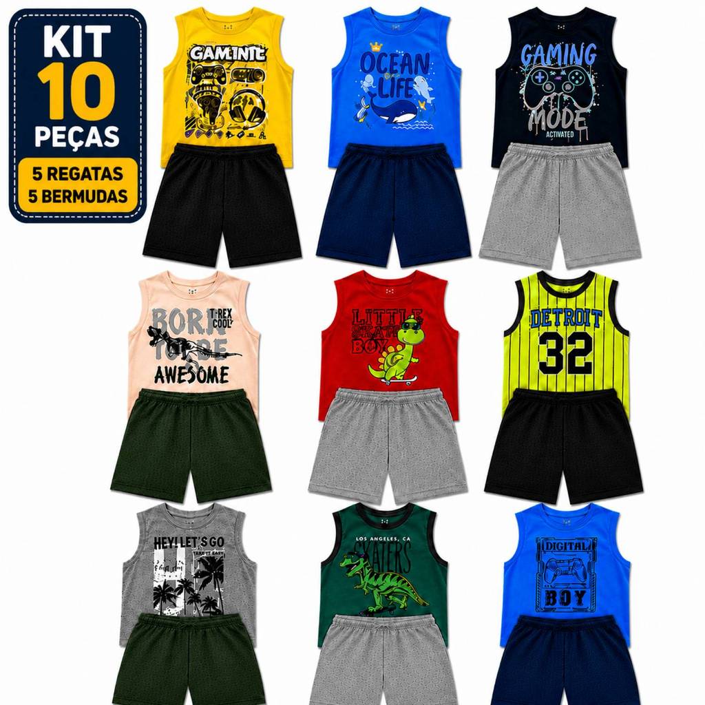 Kit 5 Conjuntos Infantil Menino Verão Regata Bermuda 10 Peças Tam 1 ao 12