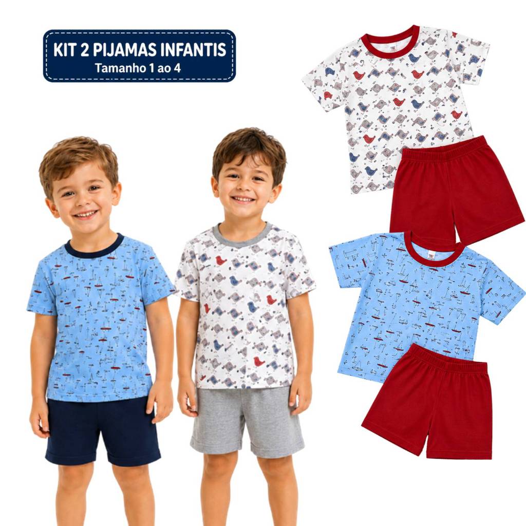 Kit 2 Pijamas Infantis Menino Manga Curta e Short Conjunto de Dormir Verão