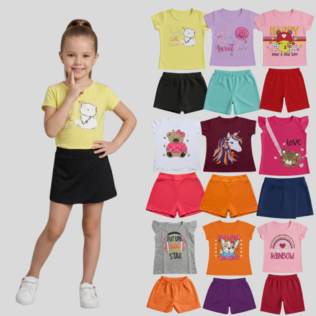 Kit 4 Conjuntos Roupa Infantil Menina Verão Blusa E Shorts Blogueirinha 8 Peças Dia a Dia Sortido