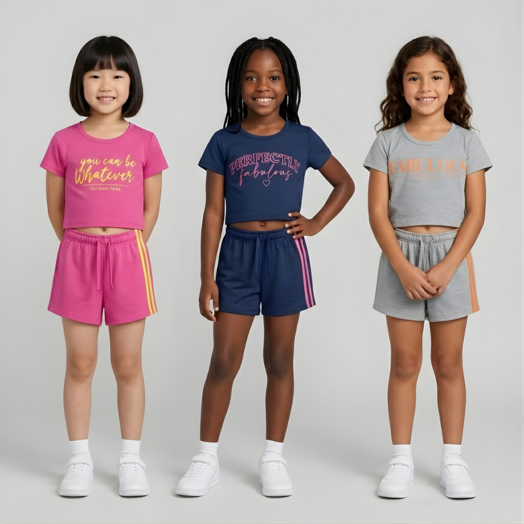 Kit 3 Conjuntos Infantil Menina Cropped E Shorts Meia Malha Blogueirinha Cores Sortidas Alta Qualidade