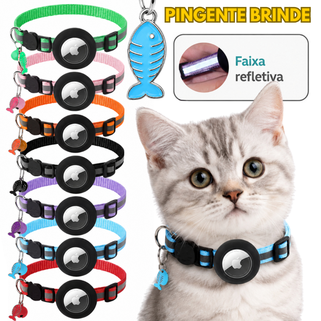 Coleira Airtag de Gato com Faixa Refletiva Suporte de Rastreador Pet Arnêse de Gatinho com Pingente e Sino