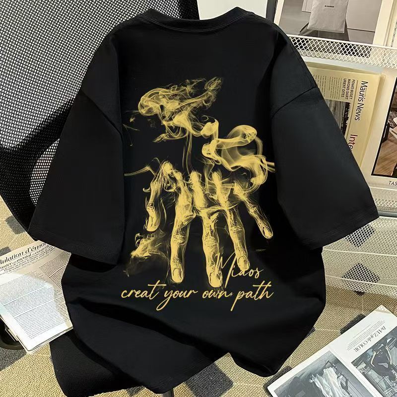 Camiseta De Manga Curta Estampada Grande De Algodão Para Homens E Mulheres , Streetwear Americano Solto De Verão , Ajust
