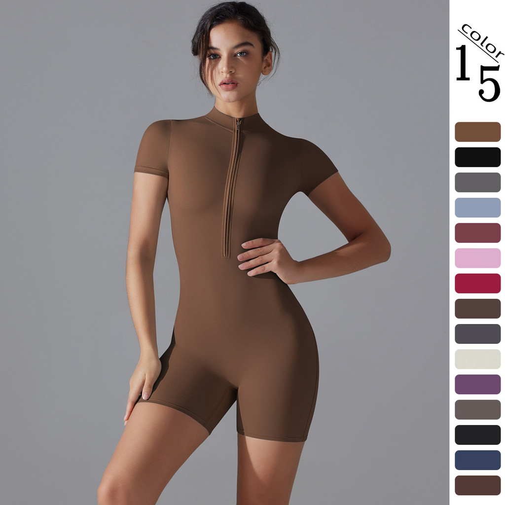 Novo macacão de ioga de verão com zíper e mangas curtas, estilo europeu e americano, para mulheres, body esportivo ajust