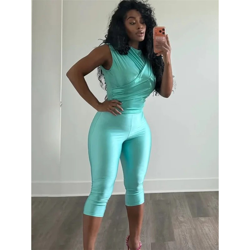Conjunto de duas peças Kliou, conjunto de moda sensual para mulher, em couro sintético, com gola franzida, cintura ajust