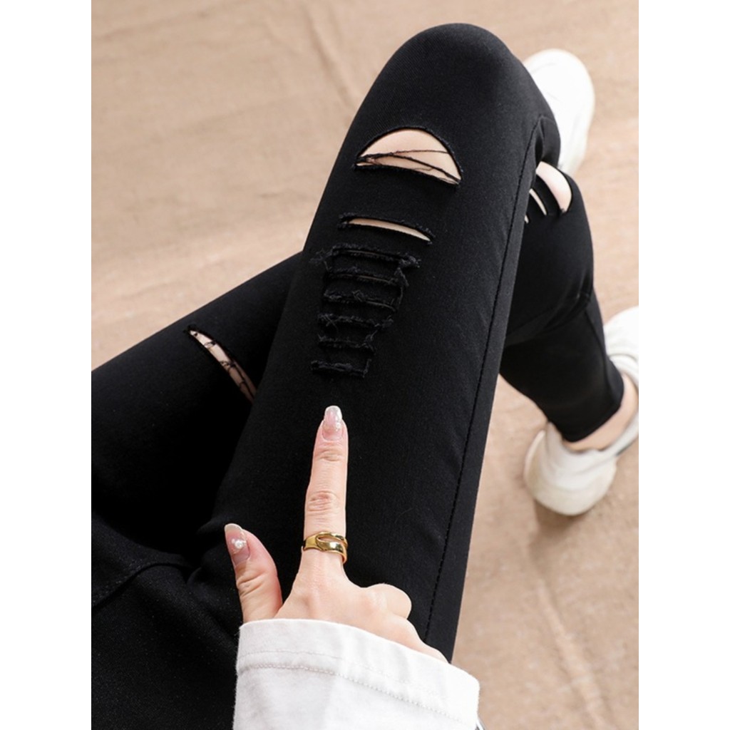 Primavera outono Leggings finas mulheres desgaste exterior preto rasgado calças de cintura alta pés pequenos magro-ajust