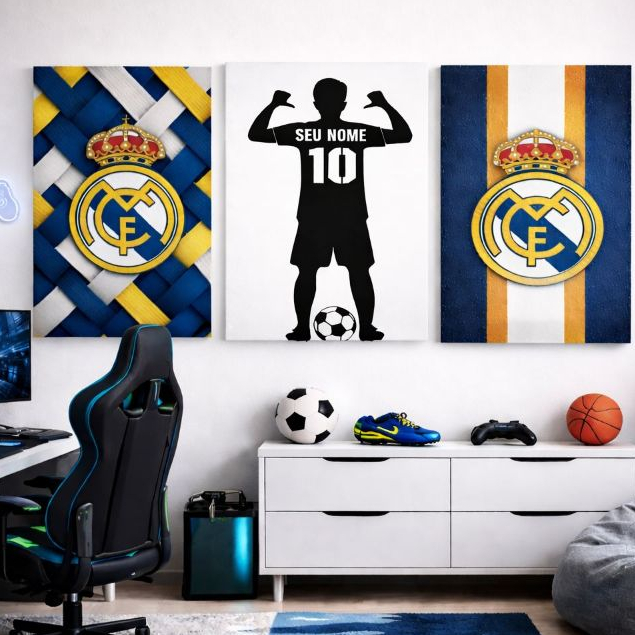 Kit 3 Quadros Decorativos Personalizados Futebol Time Real Madrid Intantil Juvenil Parede Quarto
