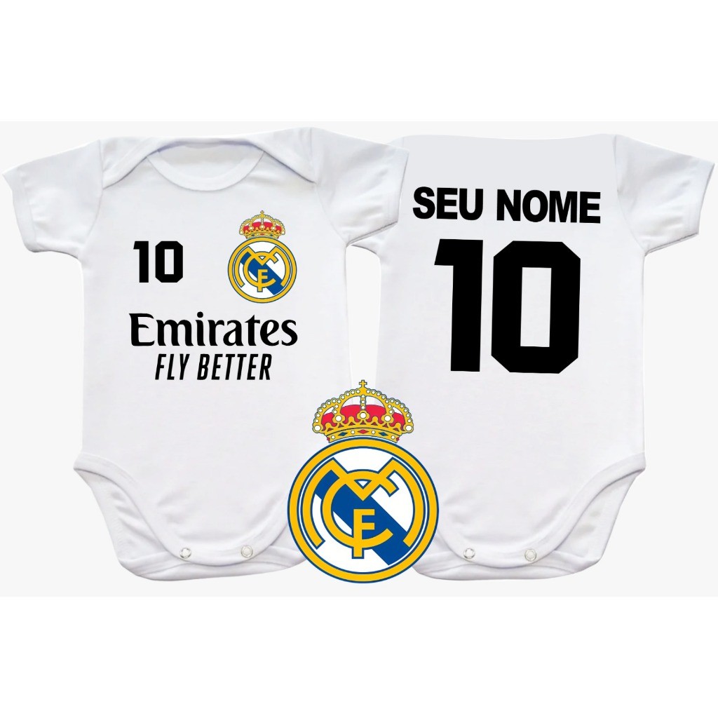 Body infantil com elastano  personalizado do Real Madri com Nome! Leia a DESCRIÇÃO! Time de Futebol.