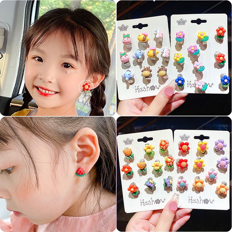 [10Pcs/Set Girls Cartoons Cute Flowers Animais Frutas Acrílicos Clipes De Orelha/Kids Moda Coreana Kawaii Sem Brincos Piercing/Acessórios Para Jóias Doce
