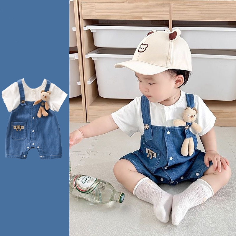 Baby boy Denim Short Sleeved Romper Recém-Nascido Summer Fashionable Strap Jumpsuit Cute Animal Shaped Clothes