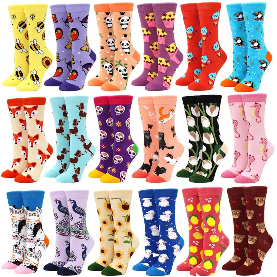 Meias Lady Cute Socks Print Art Pintura Porcupine Animal Butterfly Cat Moda Gato Abelha Colorida Skate Mid Tube