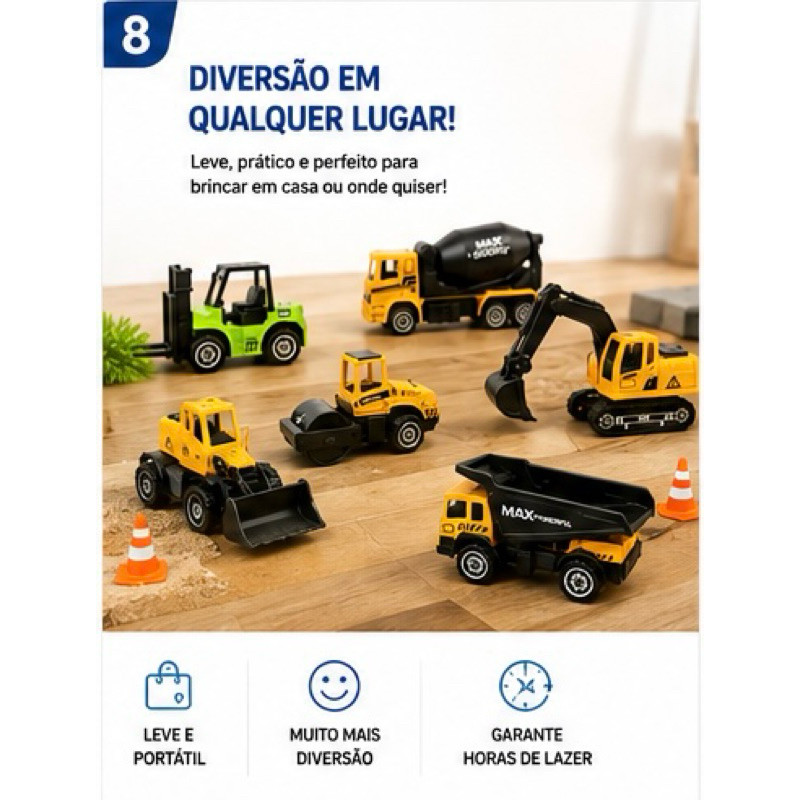 Kit 6 Veículos de Construção Die-Cast Metal Super Car - Caminhões e Máquinas de Obras Infantil