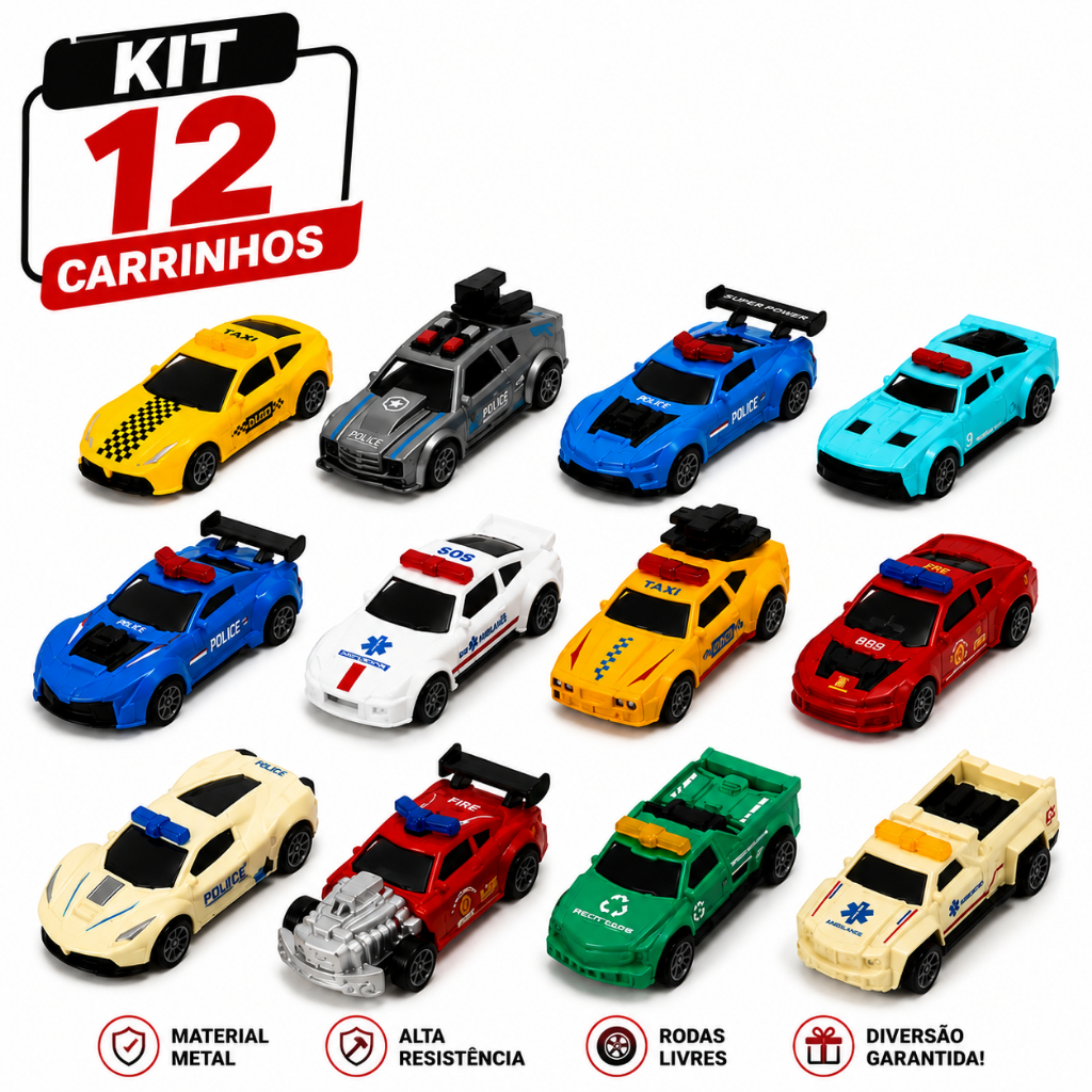 Carrinhos de Metal Miniatura brinquedo Die Cast com Fricção Pull Back 12 Unidades Policial Colecionáveis