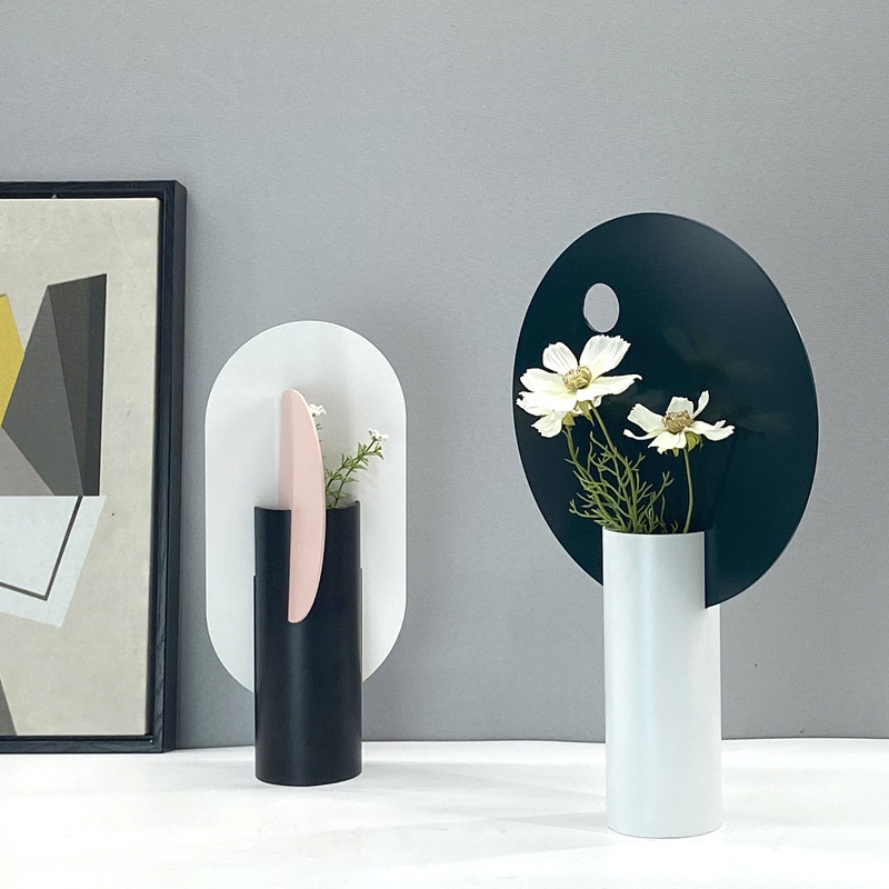 Nordic modern creative geometric vase, flower arrangement vessel, gold and pink-green decorative piece, soft decoration