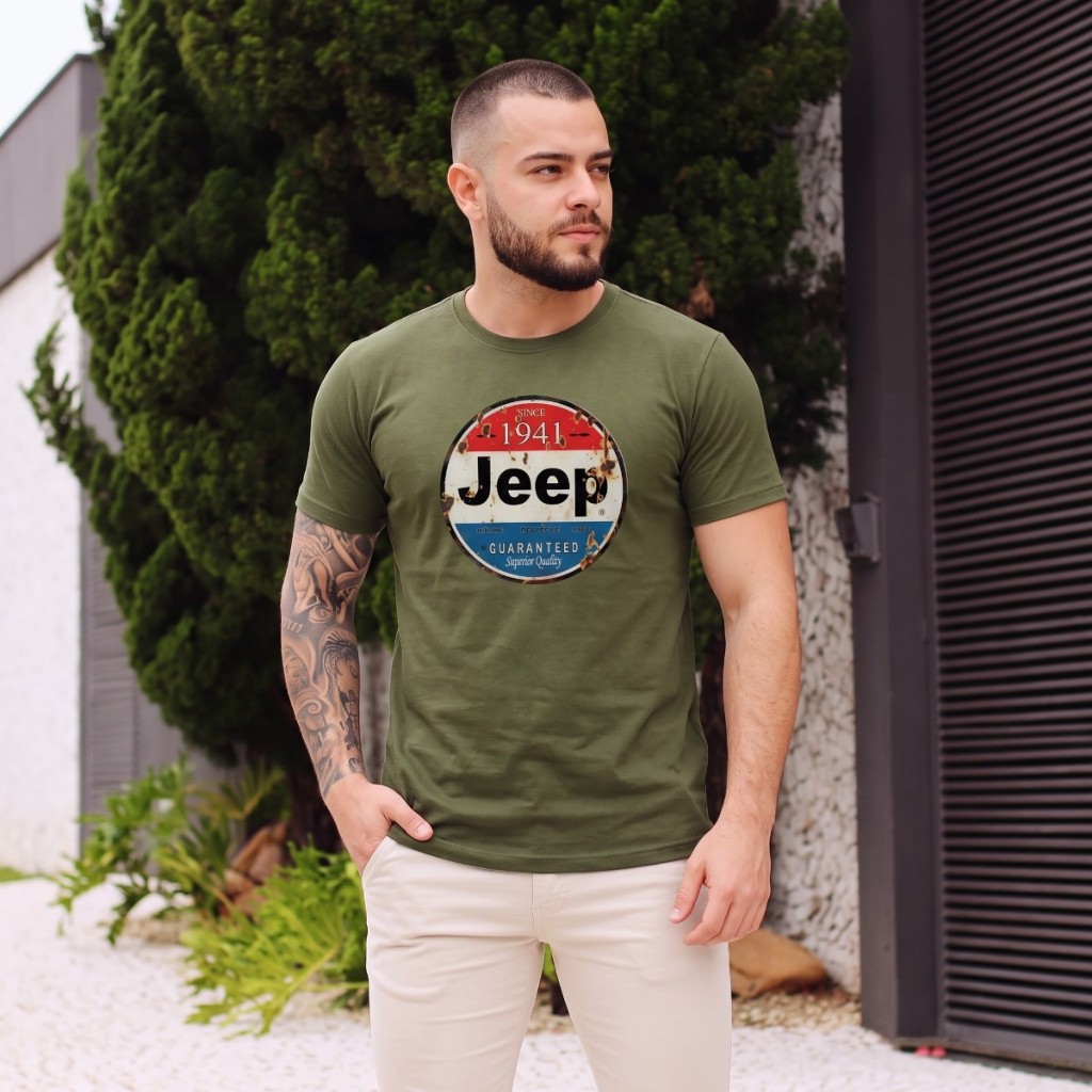 Camiseta Masculina Algodão Gola Redonda Estampa Vintage Jeep 4x4 Since 1941 Estilo Off Road Premium