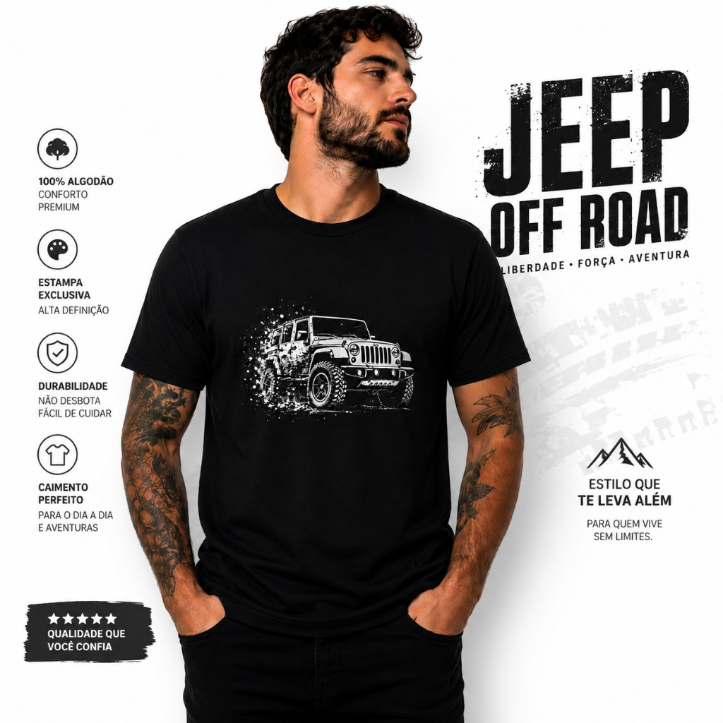 Camiseta Jeep Off Road 100% Algodão Estampa 4x4 Adventure DTF Premium Preta, Branca, Bege e Azul Marinho