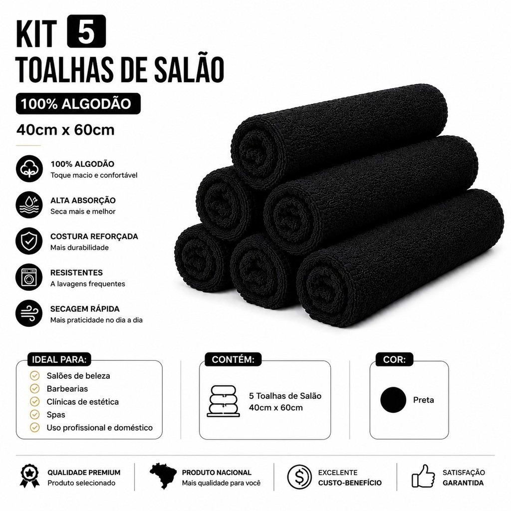 kit 5 Toalha Rosto 40x60 Preta  algodão Salão - Barbearia - Estúdio Tatuagem - indicado uso comercial - seca rápido