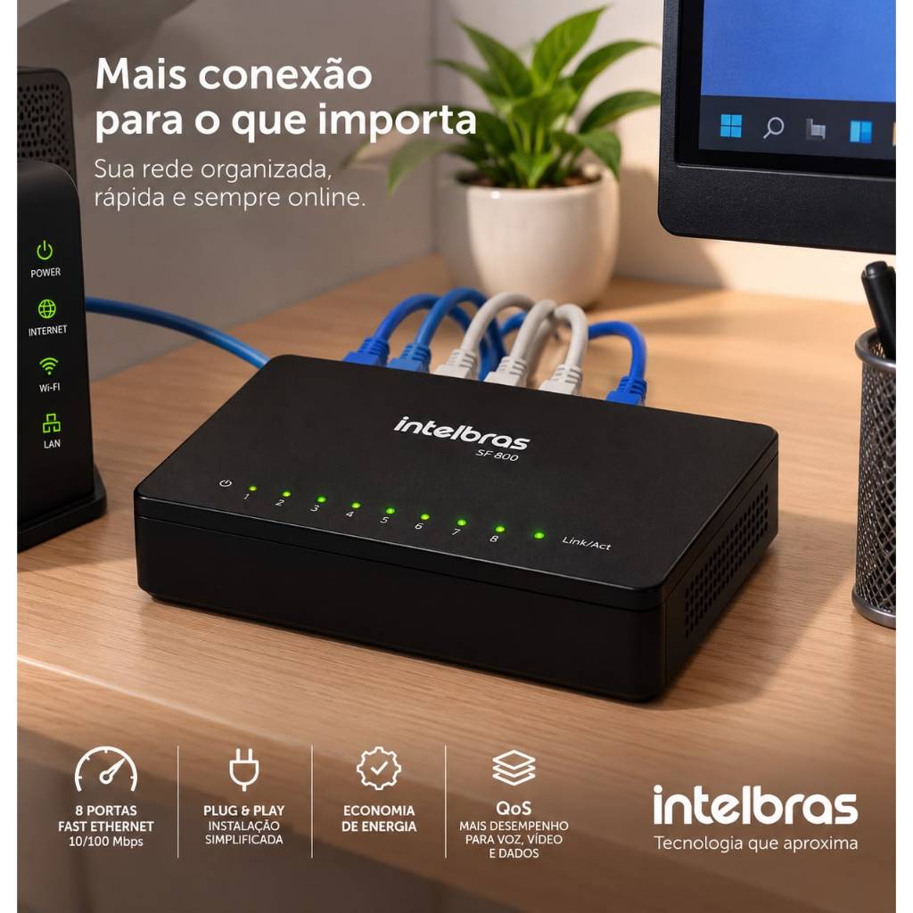 Switch Intelbras SF 800 8 Portas Fast Ethernet 10/100 Mbps Plug & Play QoS