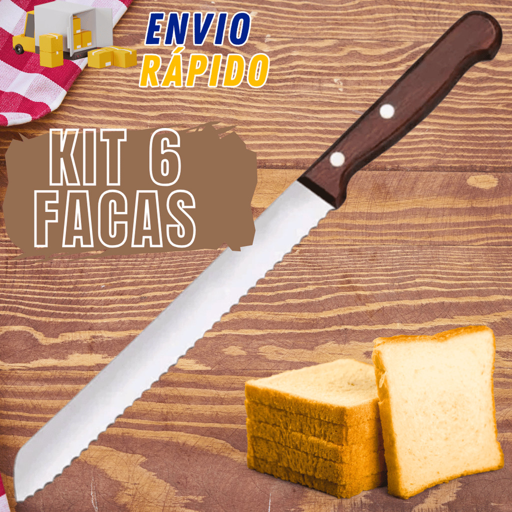 Kit Com 6 Facas Para Pão Cabo De Madeira Marrom Serra Serrilhada Grande 8  Profissional Talheres